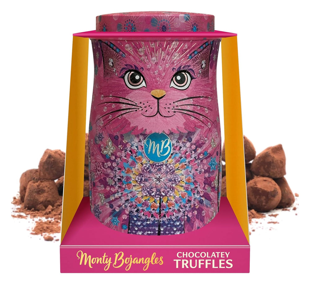 Monty Bojangles Savanna Gold Schokoladentrüffel (135 g), Kakaopulver-Pralinen-Geschenkset in einer individuellen Sammlerbox im Katzendesign, Flutter Scotch-Geschmack