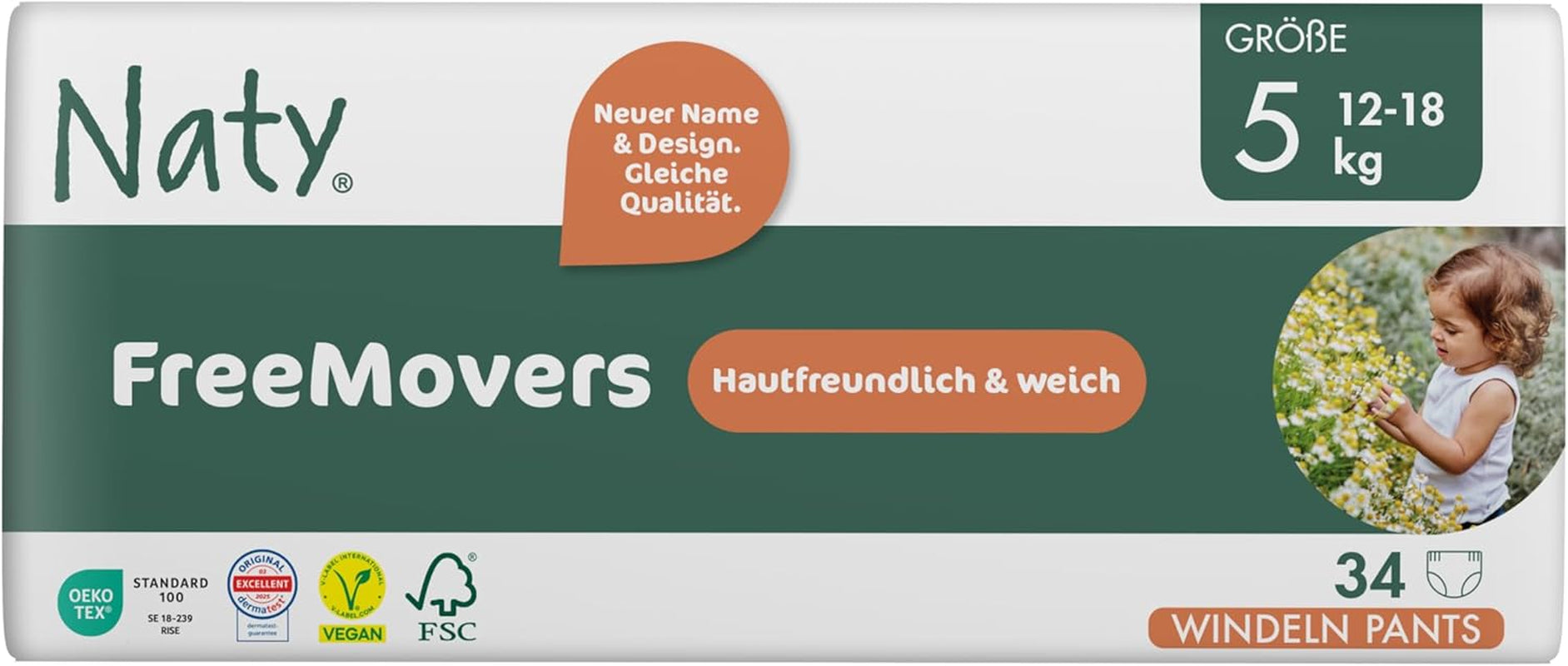 Naty FreeMovers Babywindeln | Zertifizierte hautfreundliche Windelüberhosen | Weich und parfümfrei | Saugfähig und auslaufsicher | Dermatologisch getestet Größe 5 (12–18 kg) | 80 Stück