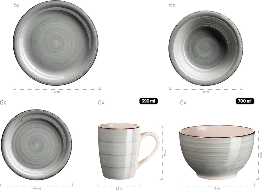 MÄSER 931612 Bel Tempo II 30-Teiliges Vintage Geschirr Set Für 6 Personen, Handbemaltes Keramik Kombiservice in Blau, Steingut, Rauchblau Seturi vesela masa Naty Shop