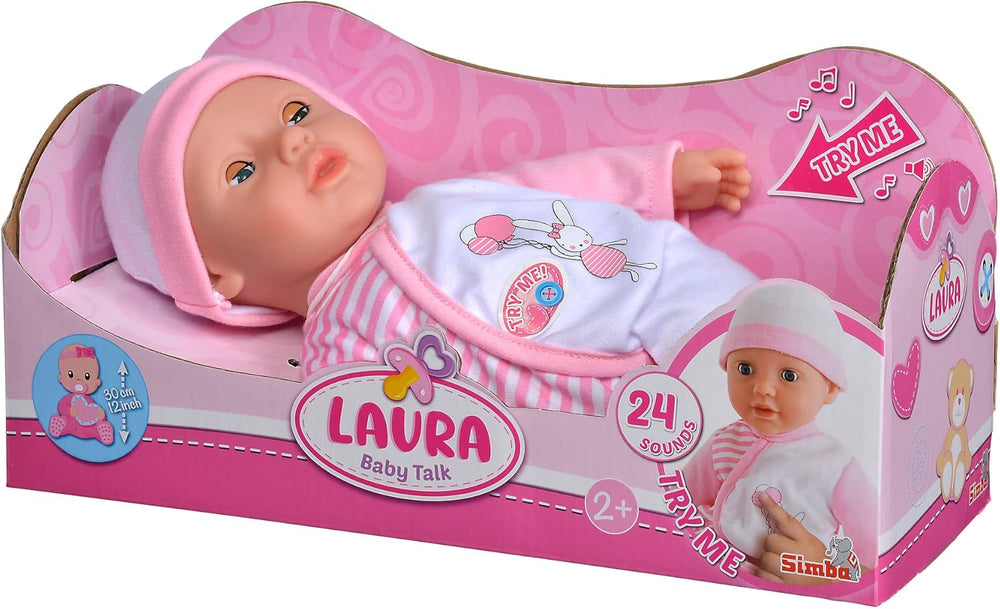Simba 105140020 - My Love Baby Talk, păpușă cu corp moale și ochi adormiți într-o salopă drăguță, scoate 24 de sunete de bebeluș, 30 cm, păpușă pentru copii de la 2 ani