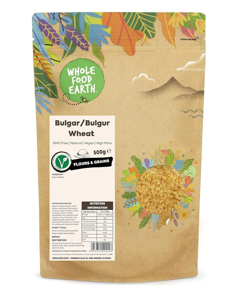 Wholefood Earth Weizenbulgur – gentechnikfrei – natürlich – vegan – milchfrei – ohne Zuckerzusatz, 500 g