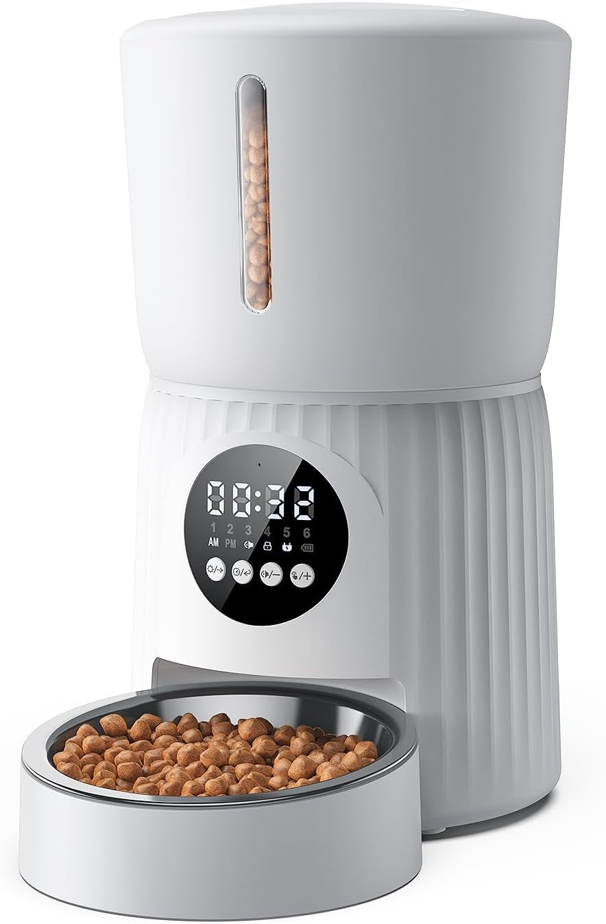 Faroro Futterautomat Katze, 4L Katzenfutter Automat, Futterspender Katze Mit 1–6 Mahlzeiten pro Tag, Portionskontrolle, 10s Sprache, Langsames Futter (Schwarz)