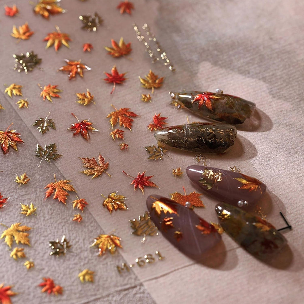 JMEOWIO 3D Nagelsticker Herbst Nail Art Sticker Selbstklebend Nagelaufkleber 5D Stereoskopisch Ahornblatt Erntedankfest Dekoration Nageldesign Zubehör 1 Blatt