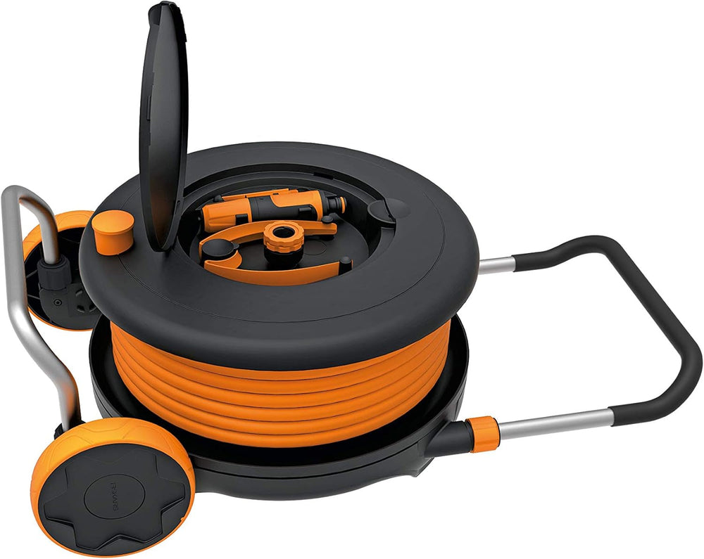 Fiskars Waterwheel XL, Set de udare all-inclusive, Rază totală de acțiune de 25 m, Retragere automată, Furtun de grădină universal (Ø 13 mm), Conector universal pentru robinet, Negru/Portocaliu, Seria X, 1067549
