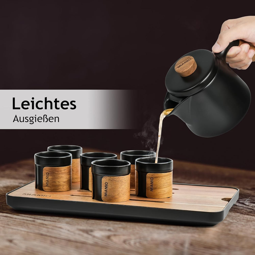 MIAMIO - Set de ceai japonez/chinezesc 6 x 100 ml / Ceainic asiatic 620 ml cu infuzor de ceai, Set tradițional japonez de ceainic pentru iubitorii de ceai/bărbați/femei (negru)