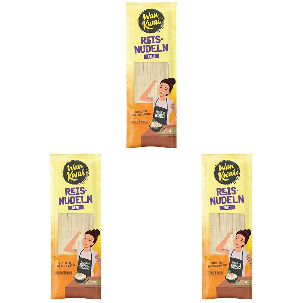 Tăiței lați de orez Wan Kwai 250g – Varietate autentică pentru Pad Thai, supe și multe altele. Vegani și fără gluten. Gata în 8 minute.
