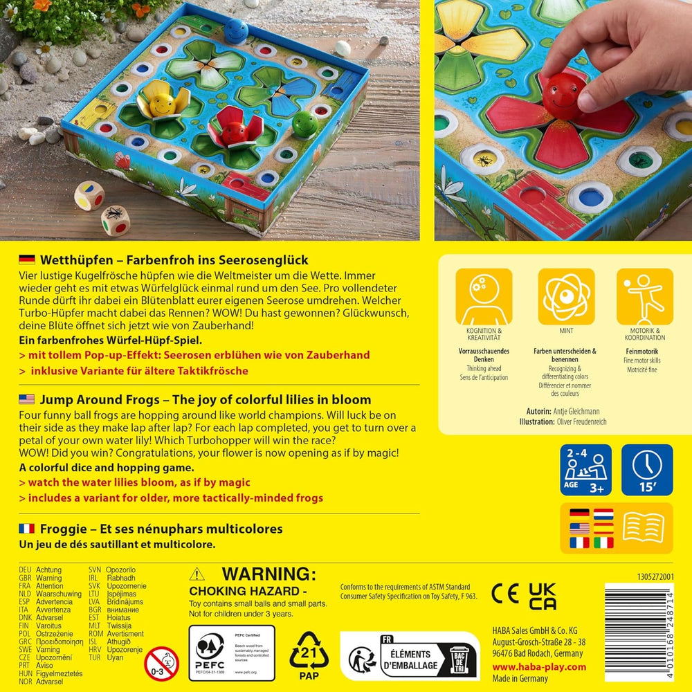 HABA Hüpfspiel – Würfelspiel ab 3 Jahren mit Pop-Up-Seerosen und Spielvarianten, fördert Zählen und Motorik, 2-4 Spieler – 1305272001