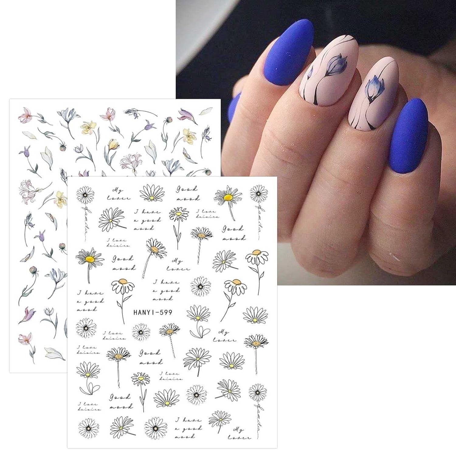 JMEOWIO Nagelsticker Blumen Frühling 9 Blatt Nail Art Sticker Selbstklebend Nagelaufkleber Buntes Sommer Blumen Dekoration Nageldesign Zubehör