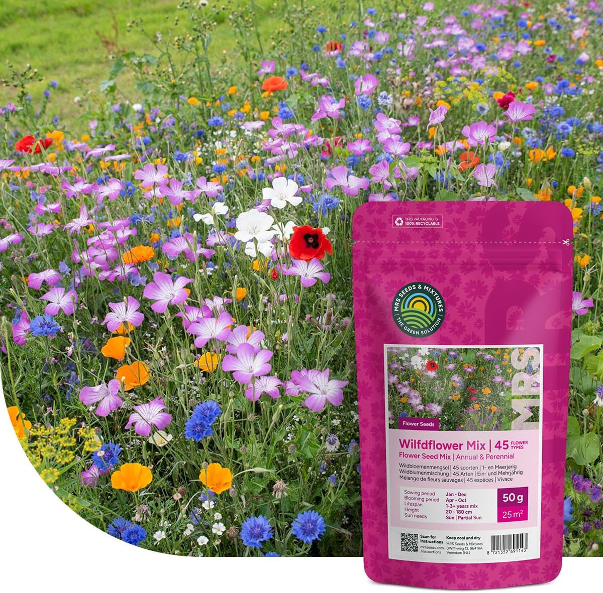 Bunte Insektenfreundliche Wildblumensamen Mischung - 250 Gramm Für 125 M² - Einjährige & Mehrjährige Blumenmischung - Für Wildbienen, Hummeln & Schmetterlinge - Schnelle Aussaat - MRS Seeds