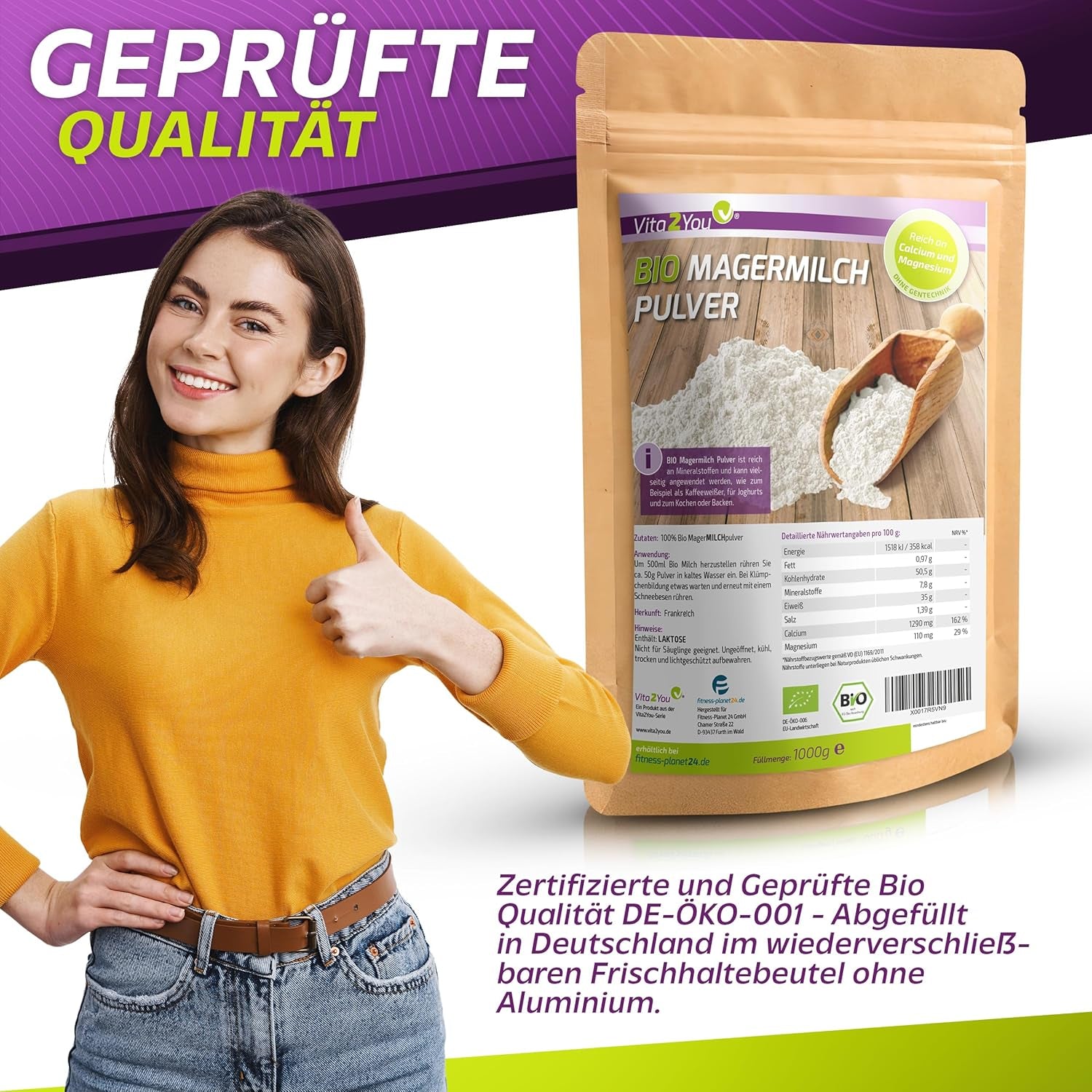 Vita2You Bio Magermilchpulver 1000g - 100% Bio Qualität - zum Backen - Kaffeeweißer - Milchpulver für Joghurts - 1kg - Premium Qualität