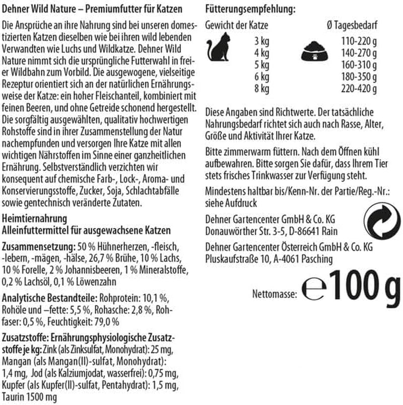 Dehner Wild Nature hrană pentru pisici Gebirgssee, hrană umedă fără cereale / fără zahăr, pentru pisici adulte, somon / păstrăv, bol 16 X 100 G (1,6 kg)