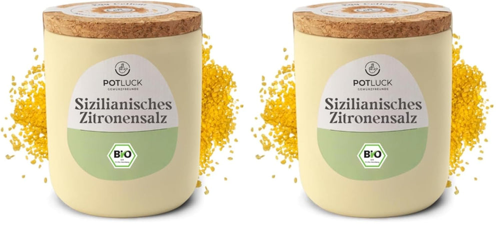 Potluck | Bio Sizilianisches Zitronensalz | Gewürzsalz für Fisch, Meeresfrüchte, Gemüse, Salat und Dressings | 140g im Keramiktopf