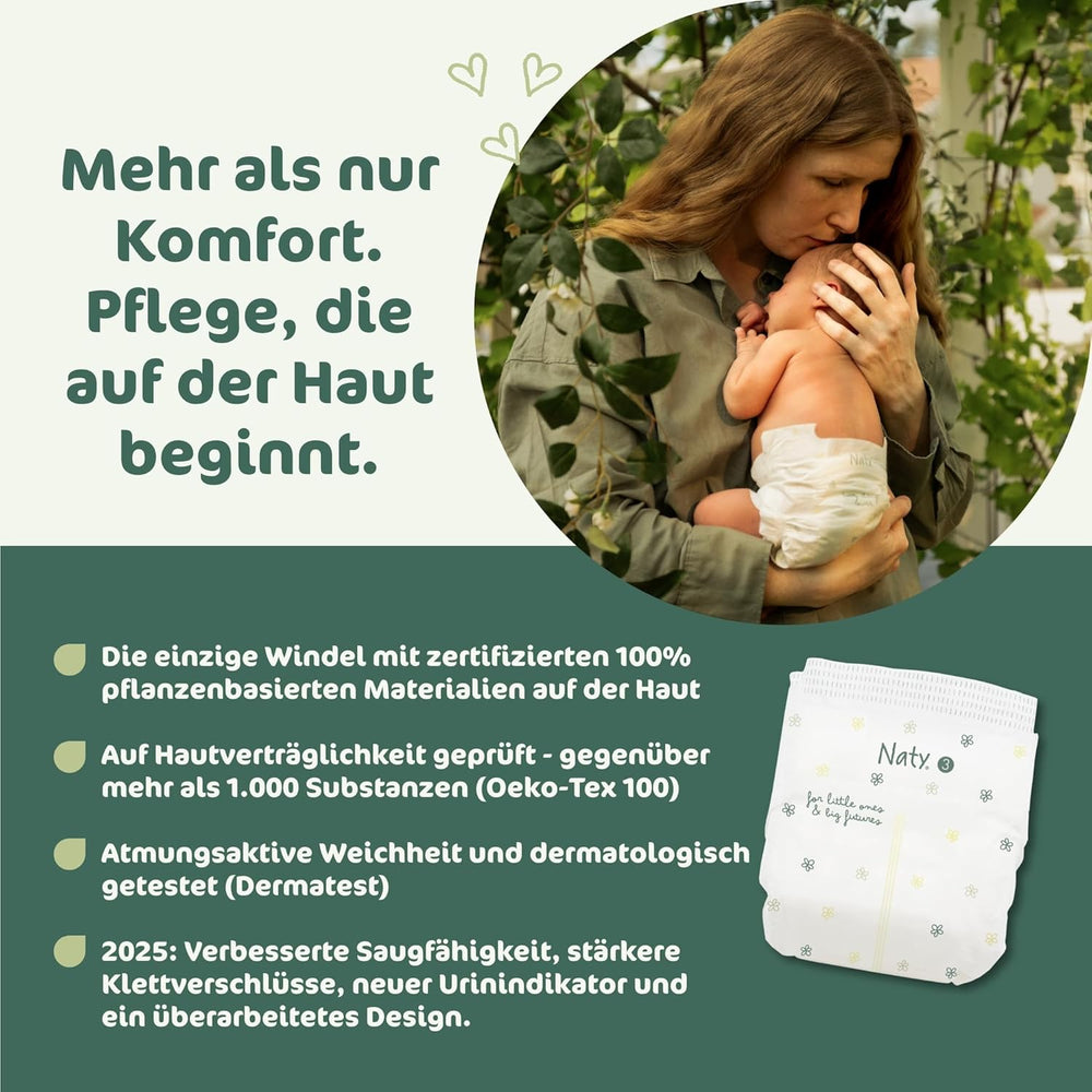 Naty BioEmbrace Babywindeln, Größe 3 (4–9 kg) | 100 % pflanzliche Materialien, sanft zur Haut | Atmungsaktive Weichheit, dermatologisch getestet, hervorragende Absorption | 100 Stk.
