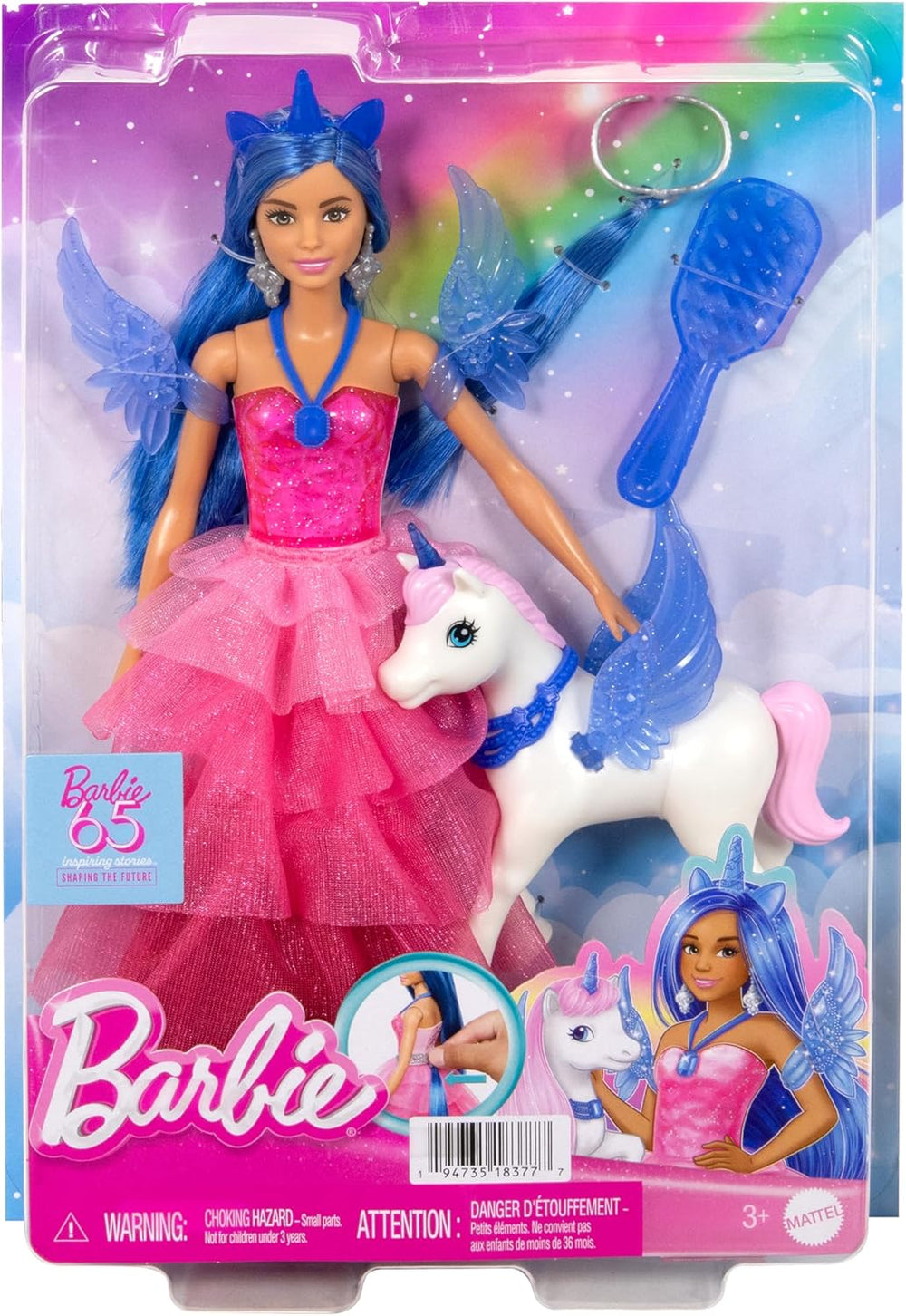 Barbie O Magie Ascunsă - Păpușă cu Unicorn, rochie roz cu detalii albastru safir, bentiță de unicorn, aripi și coadă detașabile din safir, pentru copii cu vârsta de 3 ani și peste, HRR16