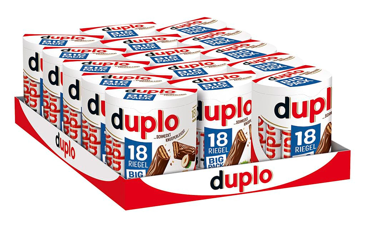 Ferrero duplo Großpackung – Schokoriegel mit feiner Nougatcreme, knuspriger Waffel und feiner Milchschokolade – Karnevals- und Faschingssüßigkeiten – 15 Packungen mit je 18 einzeln verpackten Riegeln