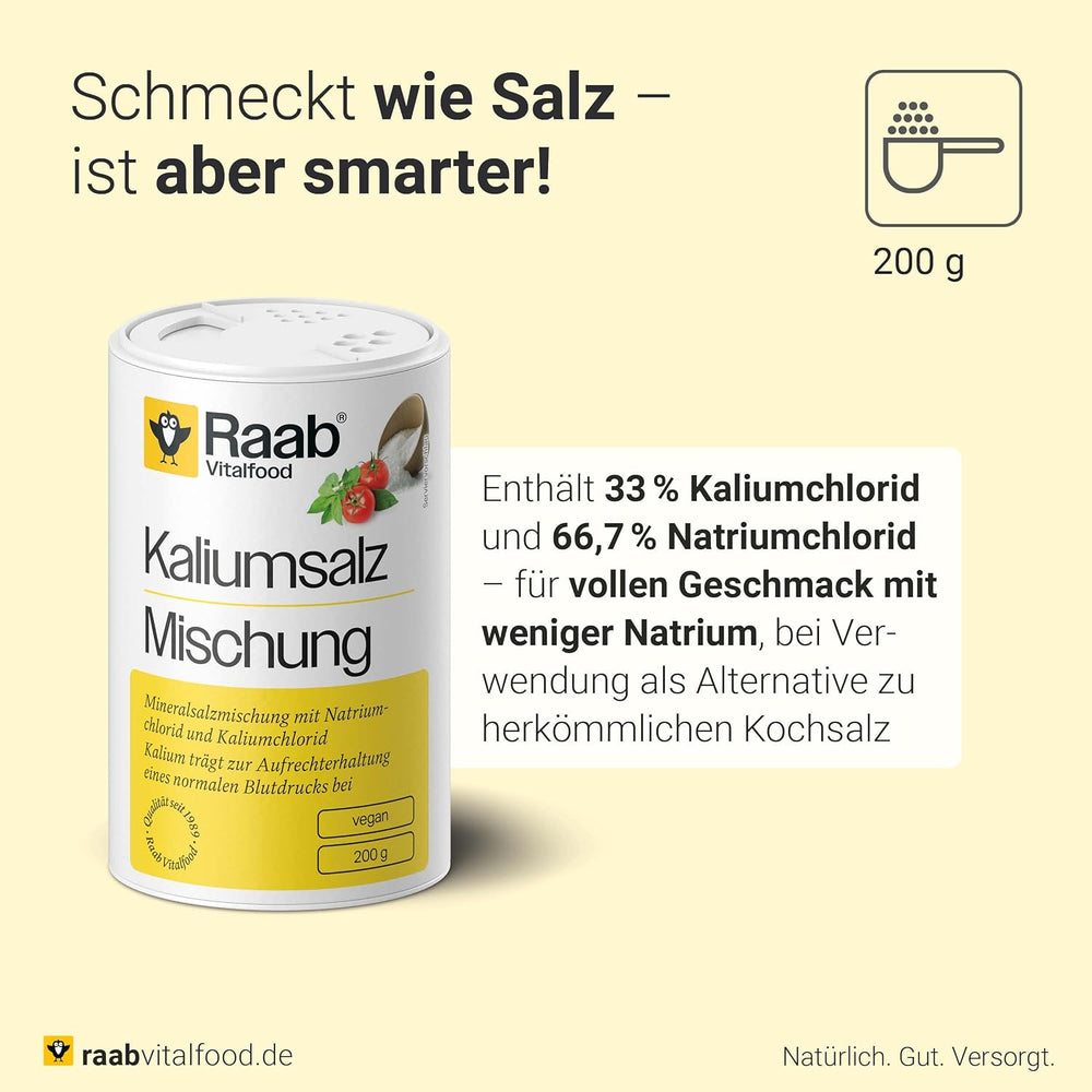 Raab Vitalfood Kalium salt-Mischung, Mineralsalzmischung mit 66,7 % Natriumchlorid (Kochsalz) und 33 % Kaliumchlorid, Kalium trägt zur A Stärkung eines normalen Blutdrucks bei (1 x 200 g Dose)