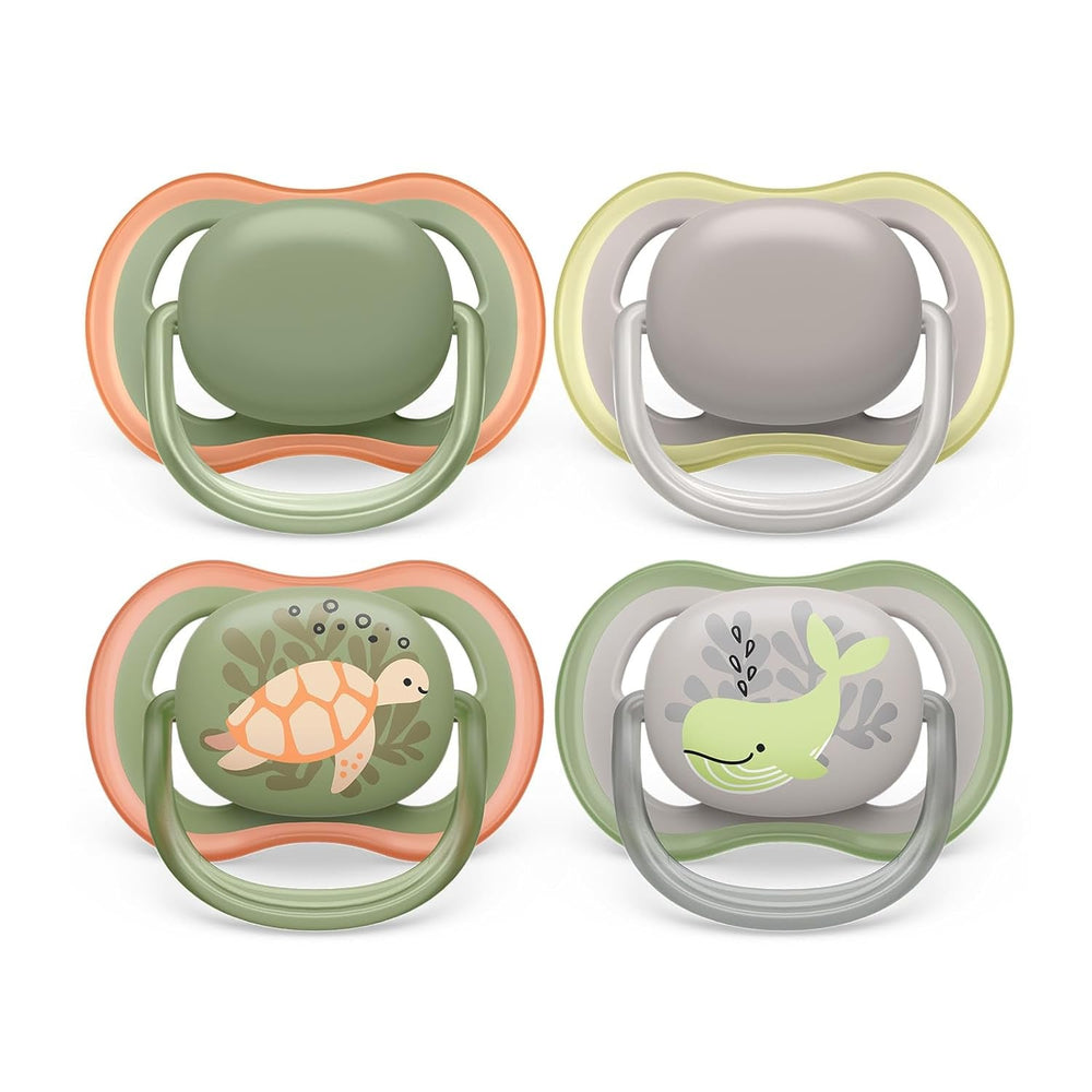 Suzete Philips AVENT ultra air - pachet de 4 suzete fără BPA, respirabile, pentru bebeluși 6-18 luni, inclusiv cutie de transport și sterilizare, model broască țestoasă/balenă (model SCF085/66)