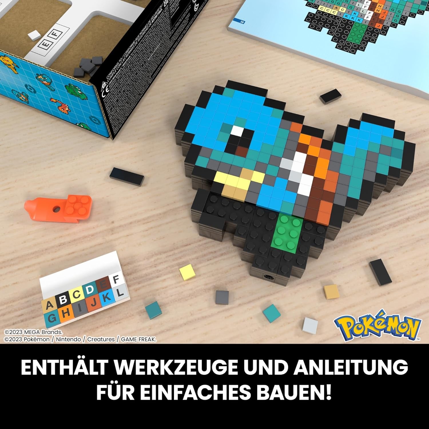 MEGA Pokémon Schiggy - zusammenbaubare Figur im Retro-Look, Pixel Art, 15 cm groß, inklusive Basis zur Wandmontage, für Erwachsene und erfahrene Sammler, HTH77