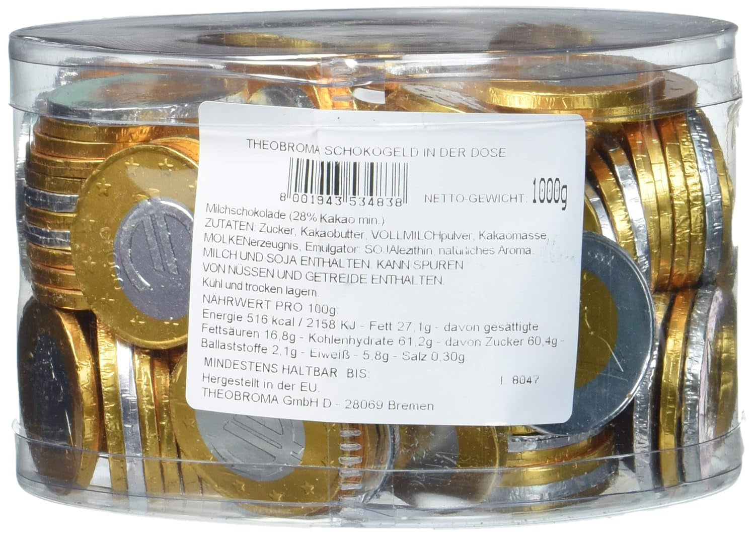 Theobroma Goldgeld Schokoladen Euros, Lose Münzen in Der Dose, 1Er Pack (1 X 1 Kg) Naty Shop Euros