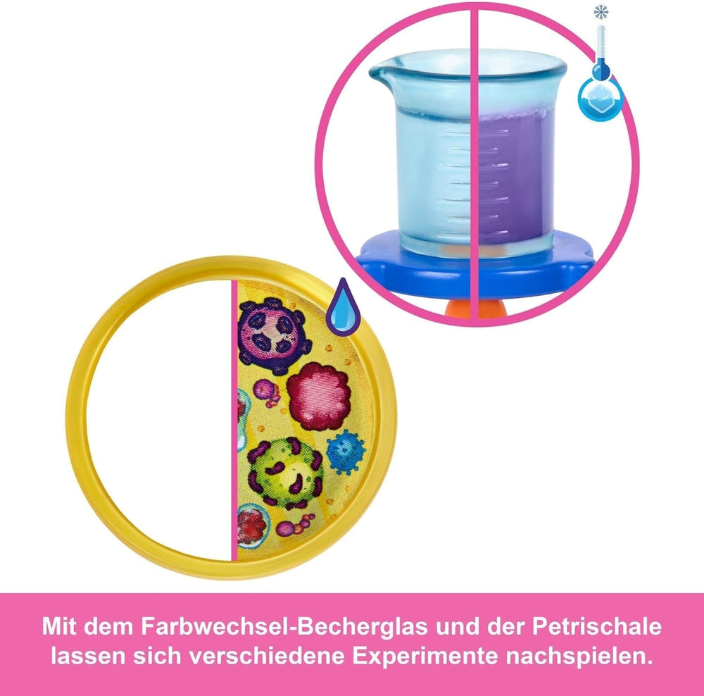 Barbie păpușă om de știință și accesorii cu păpușă blondă la modă, masă de laborator, microscop, caser cu schimbare de culoare și vas Petri, JCR70 Papusi Naty Shop
