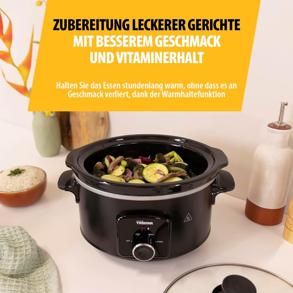 Tristar VS-3915 Slow Cooker, Edelstahl-Keramiktopf mit 2 Heizstufen und Warmhaltefunktion, 3,5 L Slow Cooker Naty Shop