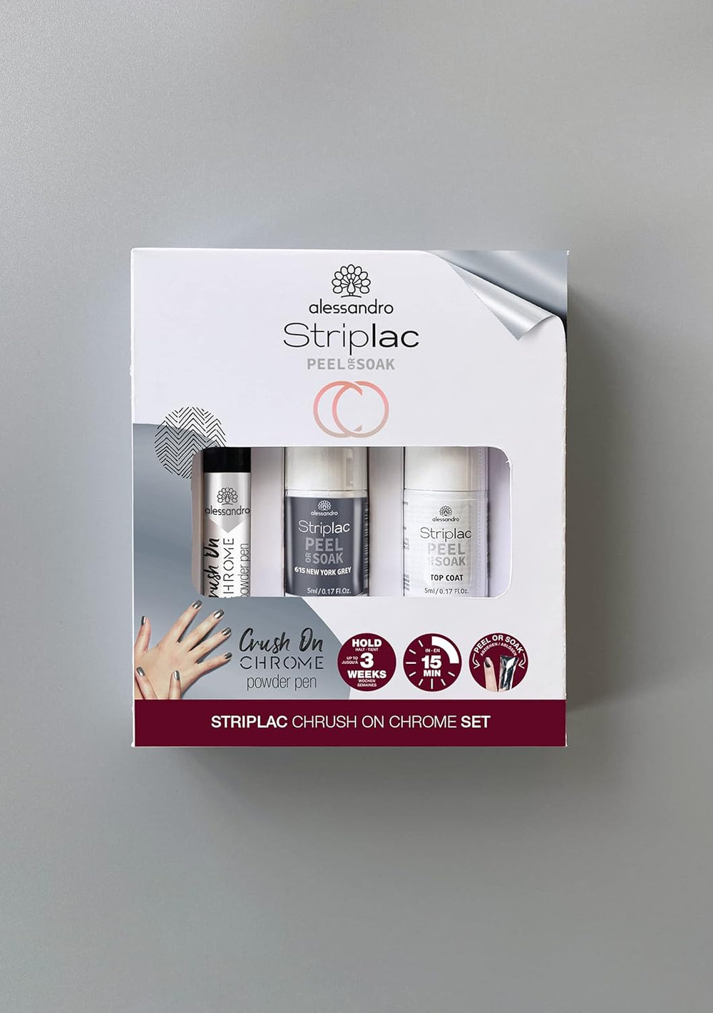 Set alessandro Striplac Peel or Soak Silver Crush On Chrome – Perfekte Nägel in 15 Minuten