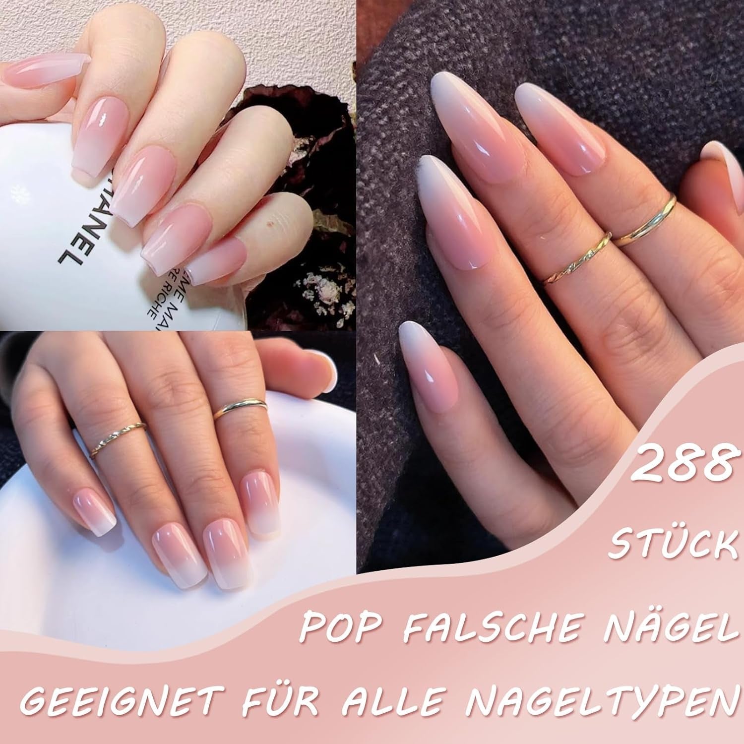 Set 288 bucăți unghii false Ombre Press-on - Kit unghii false artificiale Almond Square Medium Coffin - 3 stiluri gradient cu lipici pentru unghii acrilice pentru femei (Set gradient, 288 bucăți)