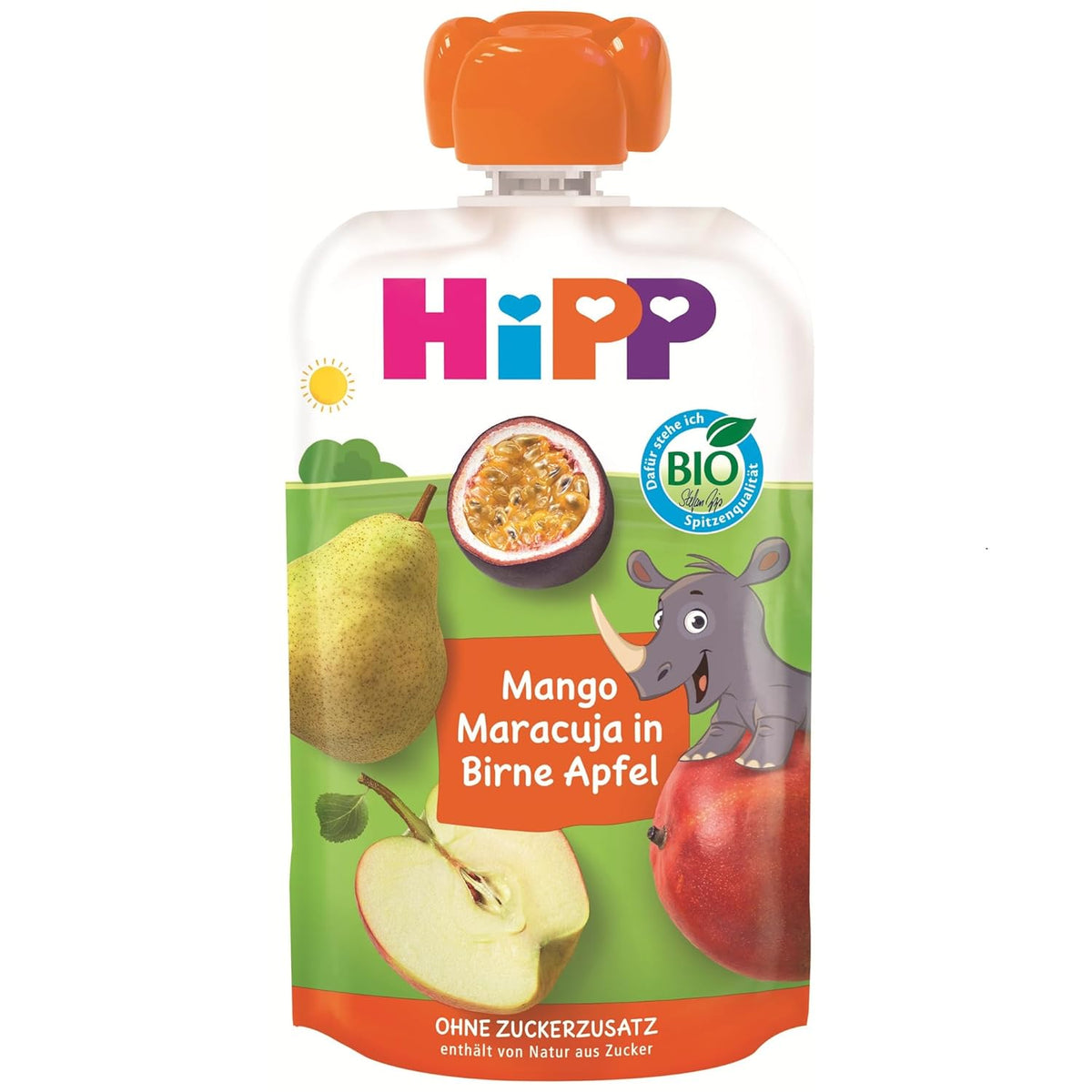 Beutel HiPP Bio-Mango-Maracuja in der Geschmacksrichtung Birne-Apfel – Nick Rhino (8 x 100 g), ab 1 Jahr, 100 % Fruchtpüree, ohne Zuckerzusatz, vegan, beste Bio-Qualität