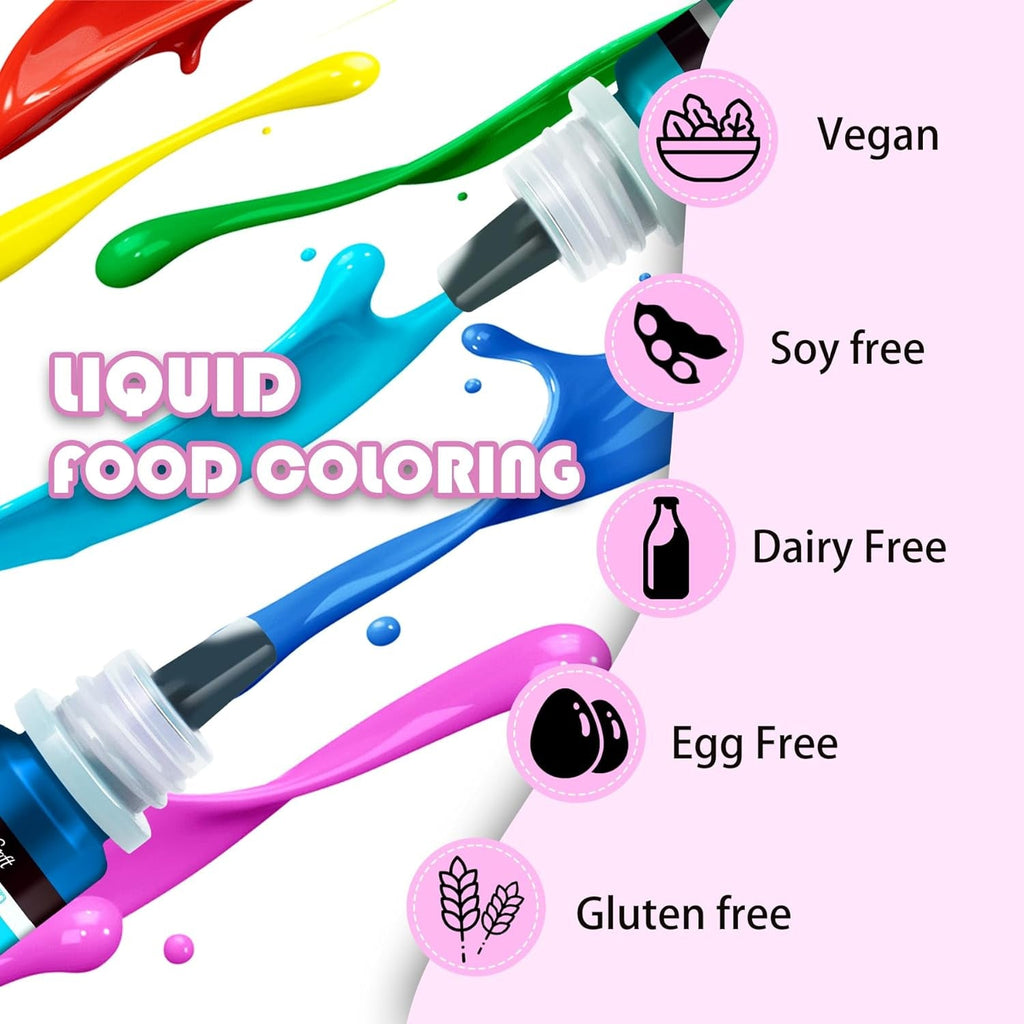 Colorant alimentar - 20 de culori colorant alimentar lichid foarte concentrat pentru prăjituri, copt, ouă de Paște, băuturi - colorant alimentar fără zahăr pentru fondant, glazură, slime, decorare tort - 10 ml fiecare