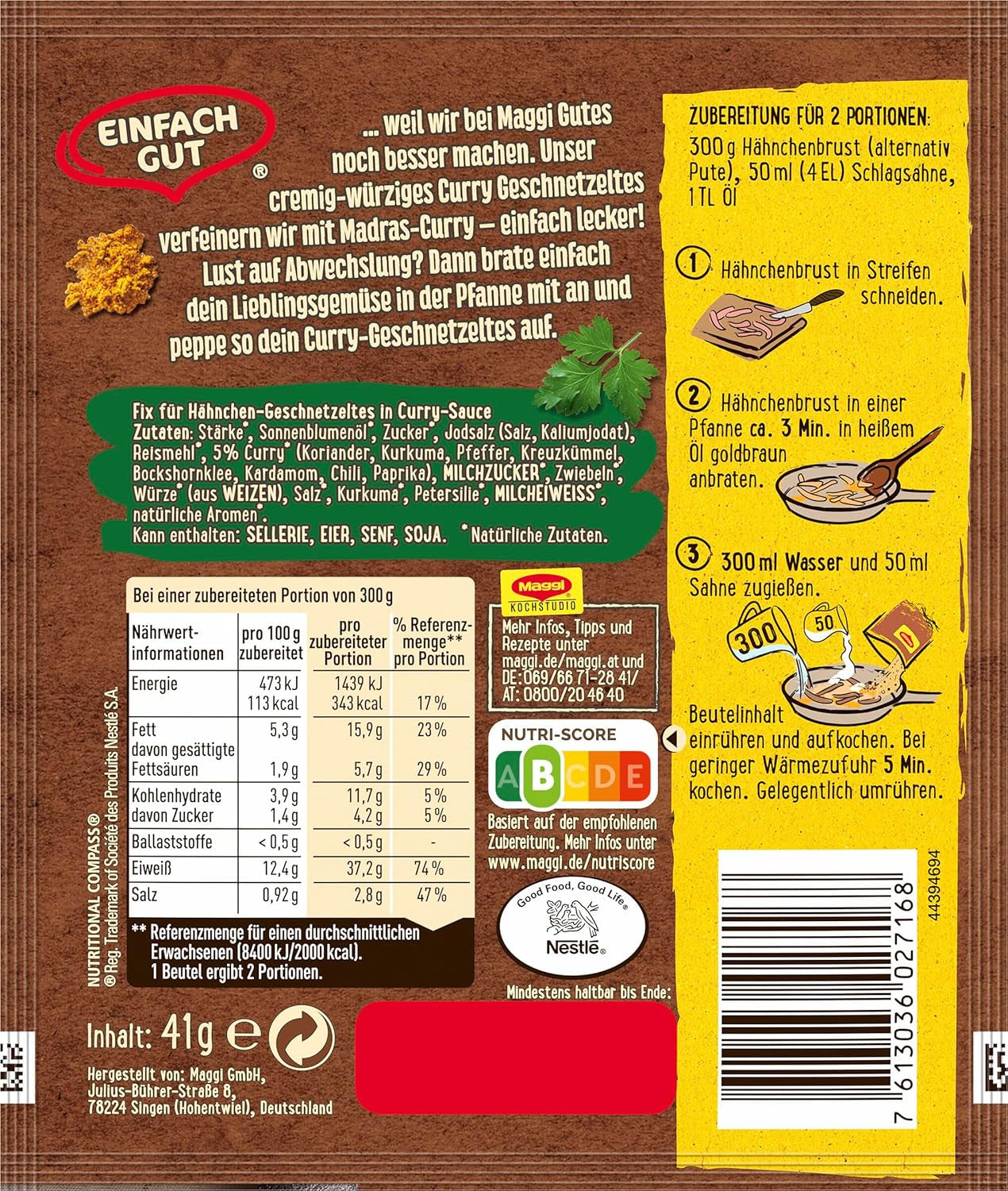 MAGGI Fix für Curry Geschnetzeltes, Würzmischung, mit natürlichen Zutaten*, für 2 Portionen, 1er Pack (1 x 41g)