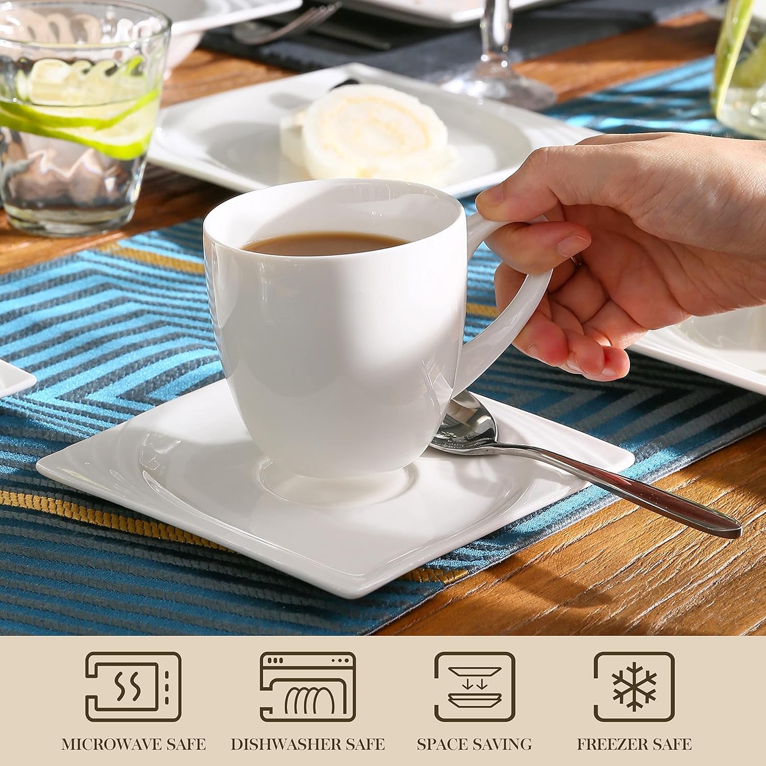 MALACASA, Seria Monica, Set de veselă pentru 12 persoane, Porțelan alb-crem, Serviciu combinat cu 12 cești de cafea, 12 farfurioare, 12 farfurii de desert, 12 farfurii de sumă și 12 farfurii de cină