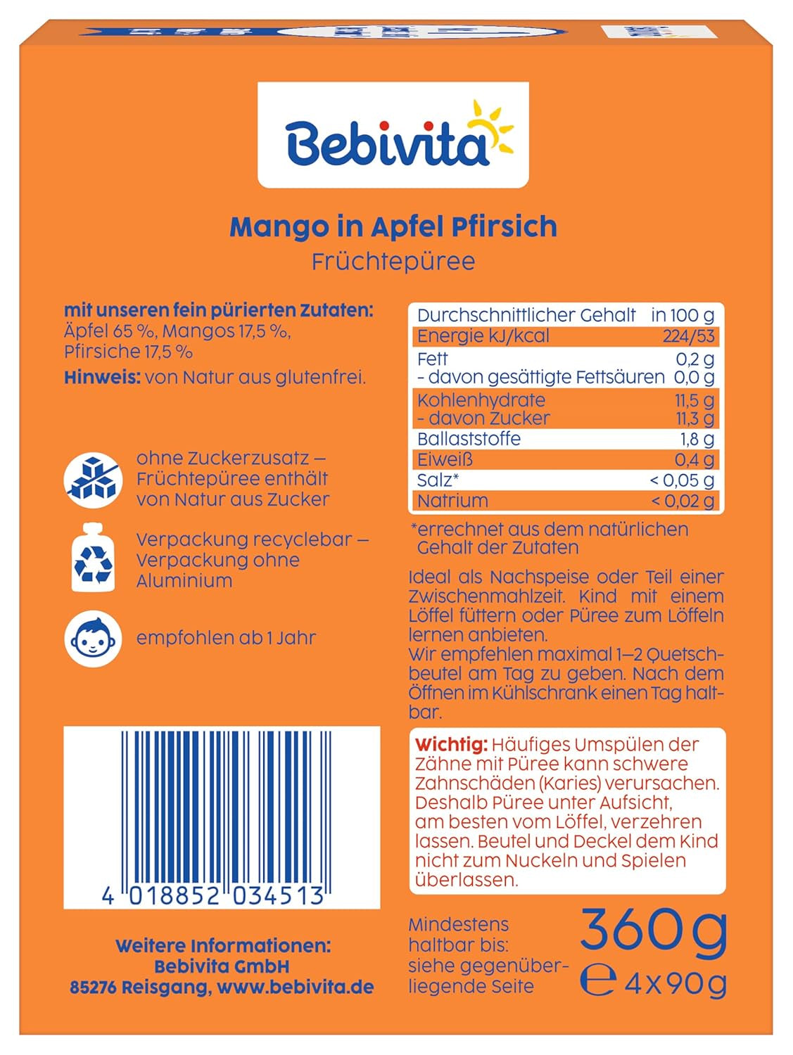 Mango-Apfel-Pfirsich-Quetschbeutel – 16er-Pack (4er-Pack, 4 x 90 g pro Stück), ohne Zuckerzusatz, glutenfrei, ideal für verpackte Snacks und unterwegs