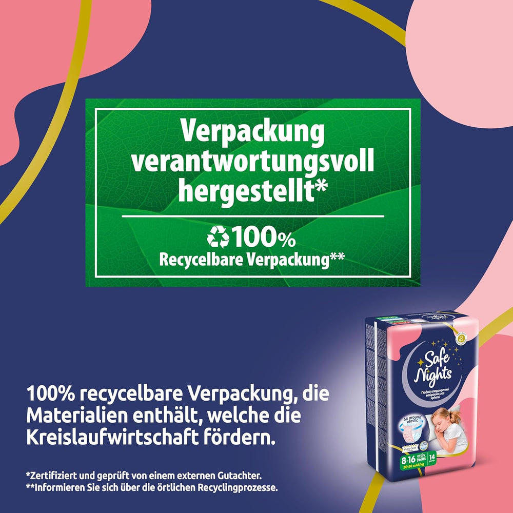 Safe Nights Girl, saugfähige Nachtwäsche für Mädchen von 8–16 Jahren (30–50 kg), 14er-Pack