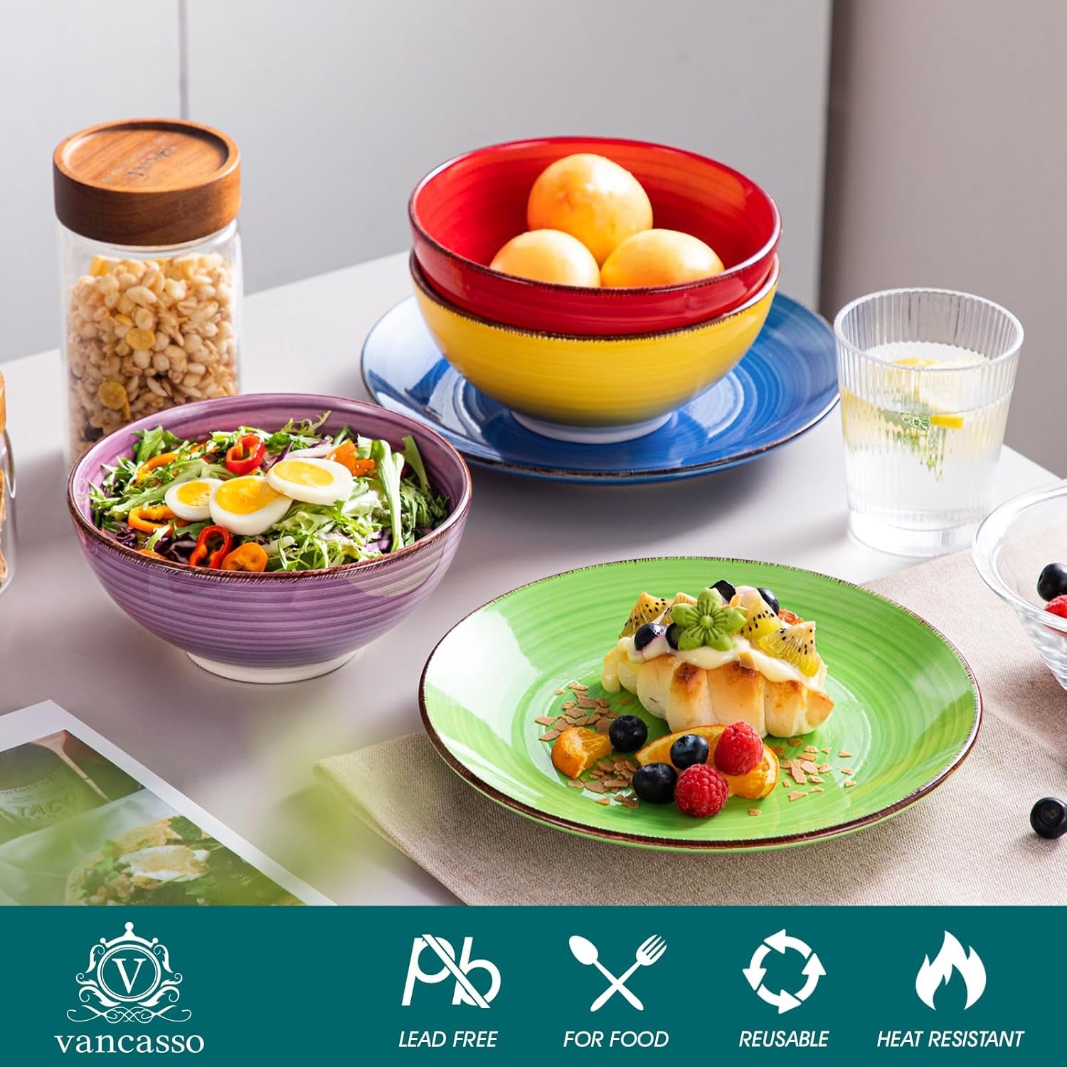 Set de veselă pentru 6 persoane, set de veselă din gresie Vancasso Bonita cu 24 de piese, set de veselă modern combinat cu 6 farfurii de cină, 6 farfurii de salată, 6 farfurii de supă și 6 boluri