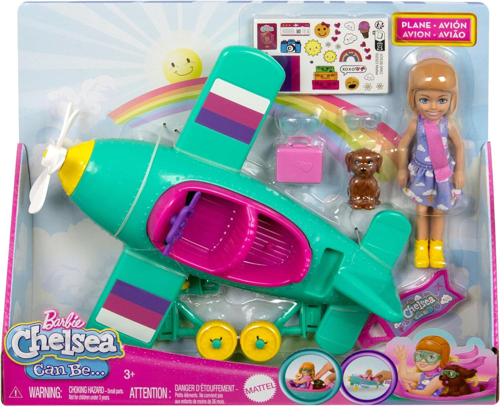 Barbie Chelsea Flugzeugpuppe und Spielset – Pilotenpuppe, Flugzeug, Griff und Story-Zubehör, Räder und Propeller mit Blumenbein, ab 3 Jahren, HTK38 Naty Shop Dolls