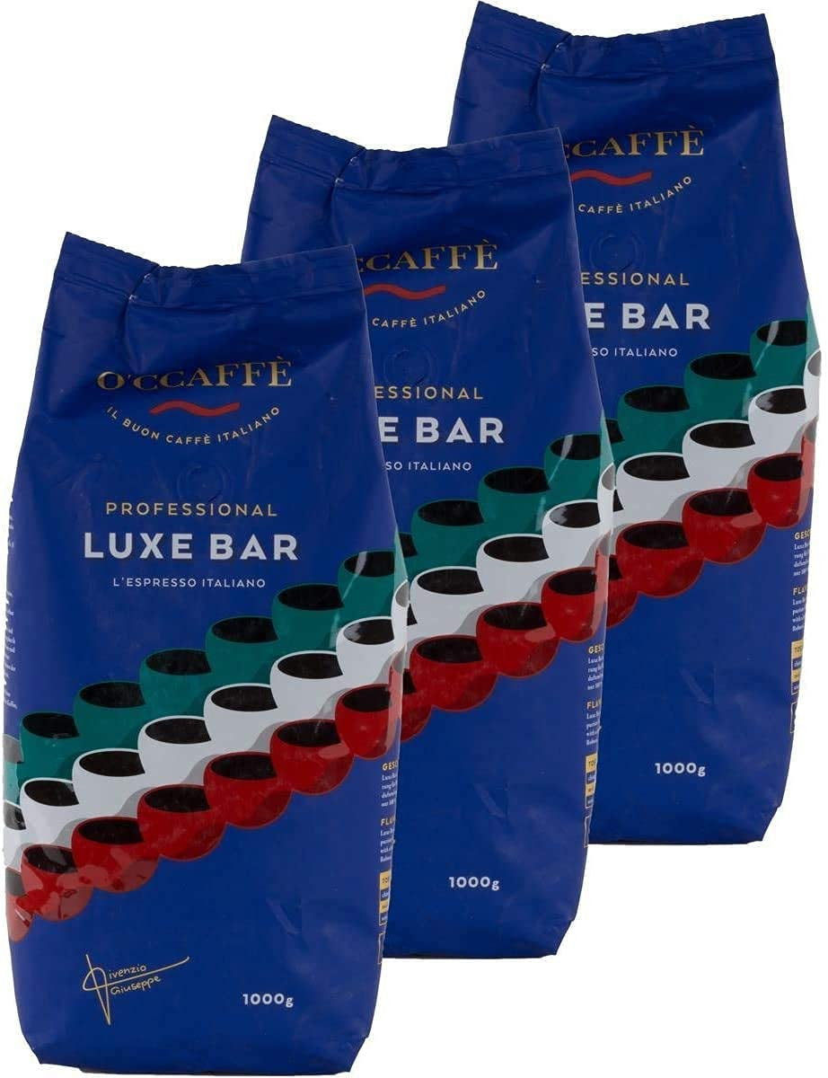 O'CCAFF? Luxe Bar Intenso Espresso | 3 boabe întregi de 1 kg, fabricate din 100% Robusta | Cafea obținută printr-un proces de prăjire extra lent în tambur, de la o afacere de familie italiană
