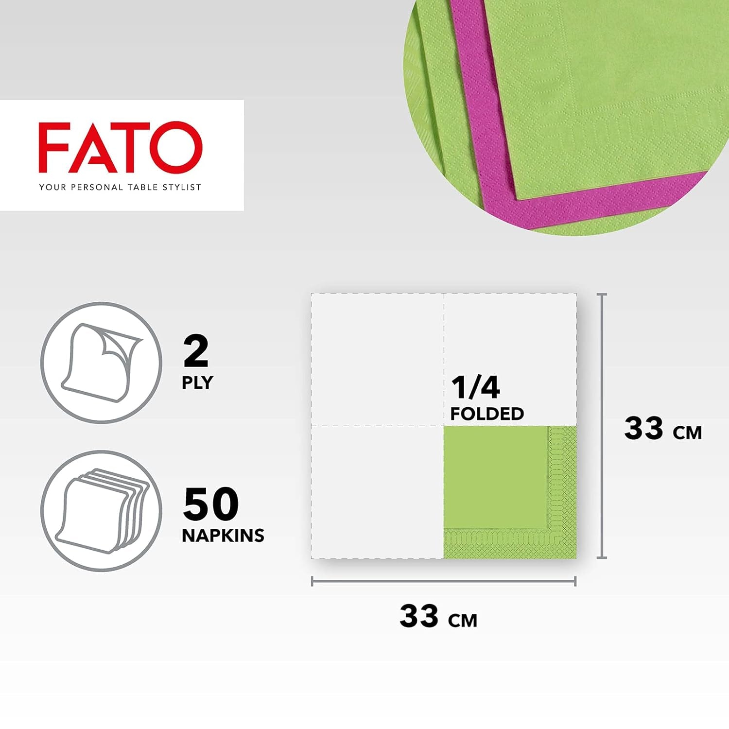, Șervețele de hârtie de unică folosință, Ideal pentru prânzuri informale și bufete, Pachet de 50 șervețele, Dimensiune 33X33, 4 ori pliate, 2 straturi, Culoare verde măr, 100% hârtie din celuloză pură, FSC