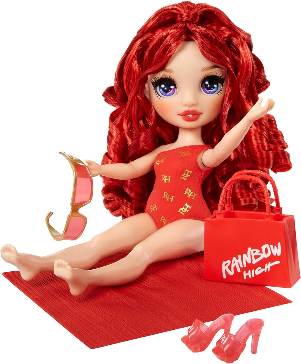 Rainbow High Swim & Style – Ruby (rot) – 28 cm große Puppe mit glänzendem Pareo, kann auf mehr als 10 Arten getragen werden – ausziehbarer Badeanzug, Sandalen, Spielzubehör – Spielzeug – ideal für Naty Shop Dolls im Alter von 4 bis 12 Jahren