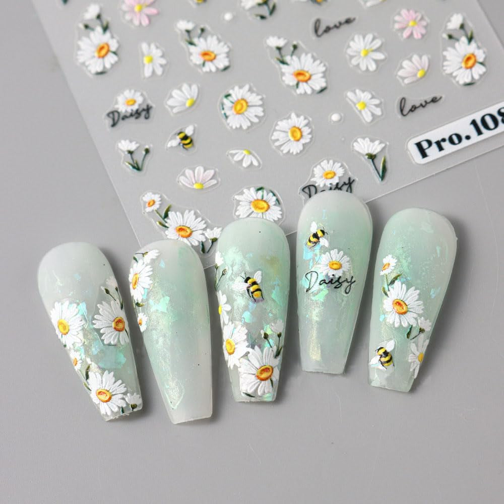 5Pcs Geprägte Gänseblümchen Nagelsticker Selbstklebend Blumen Nagelaufkleber Gänseblümchen Schmetterling Nagel Sticker Nageldesign Aufkleber Nägel Zubehör Blume Nail Sticker Flower Nail Art Stickers
