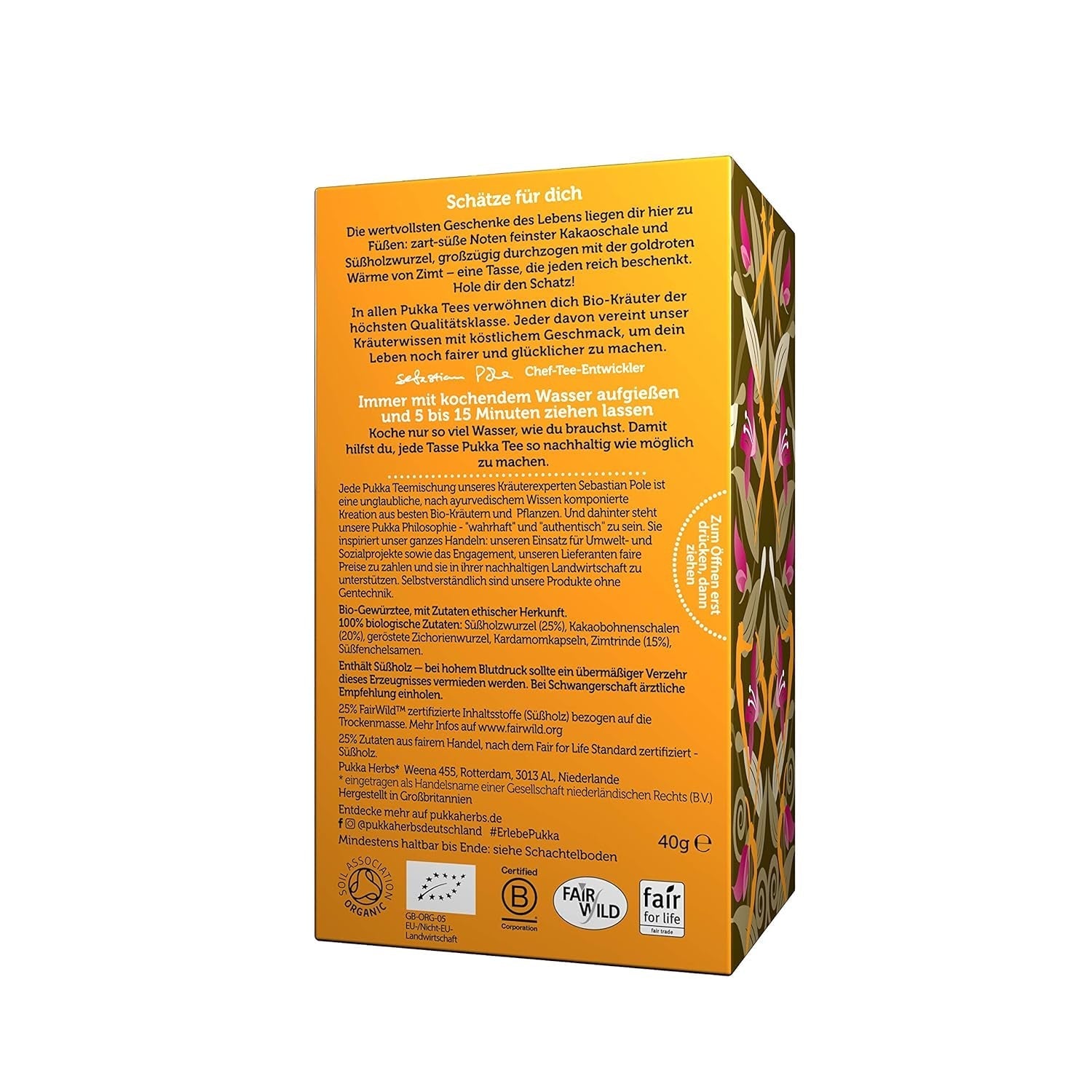 Set de ceai Pukka, ceai cu condimente bio „Cacao Chai”, cacao, scorțișoară, cardamom, rădăcină de cicoare, pentru momente de relaxare, pachet de 4, 80 pliculețe de ceai