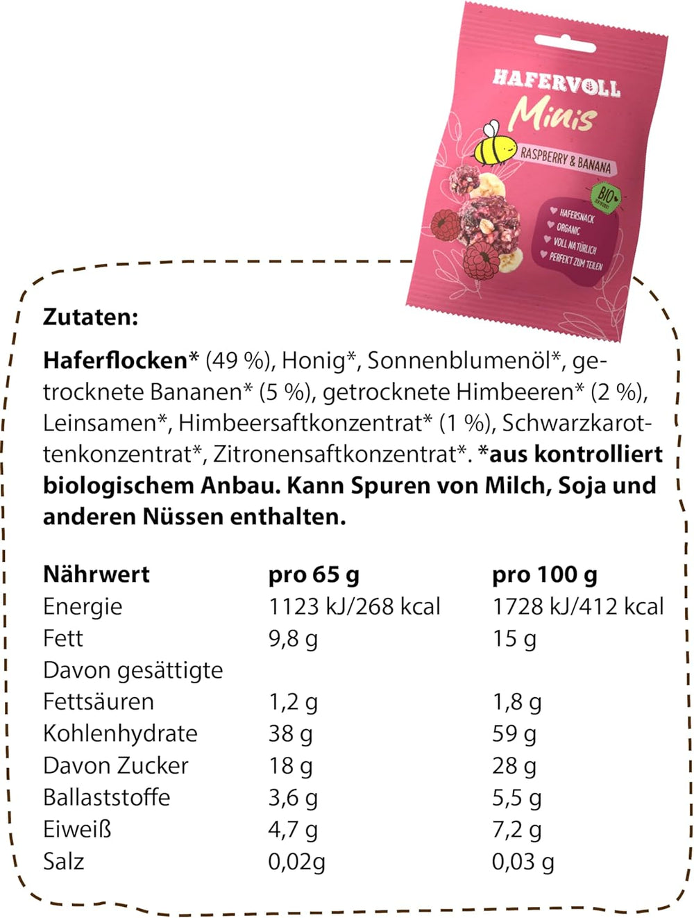 HAFERVOLL Minis Raps und Banane 8x 65g - Bio-zertifiziert, mit Honig, ohne Zuckerzusatz, ideal zum Teilen