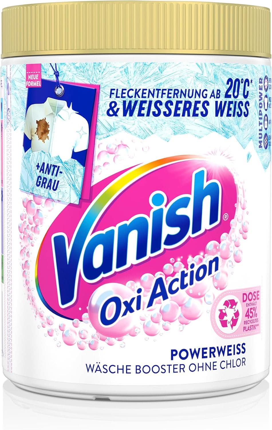 Vanish Oxi Action Powerwhite Pulver – 1 x 1,125 kg – Fleckenentferner und Wäscheverbesserungspulver ohne Chlor – für weiße Wäsche. Waschmittel Naty Shop