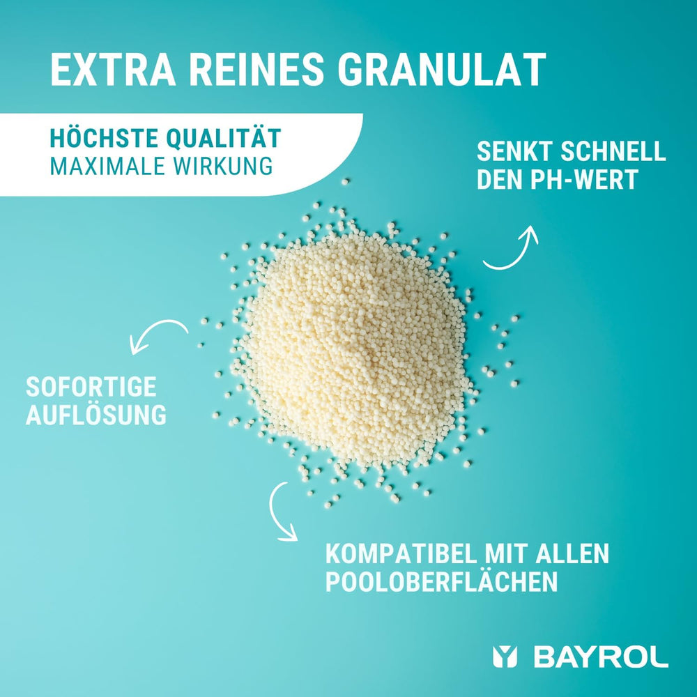 BAYROL e-pH-Minus Granulat 6 kg – reduziert schnell und effektiv zu hohe pH-Werte in Pools – einfache Dosierung direkt ins Wasser – inklusive Dosierbecher – pH-Senker – pH-Einstellung für Pools