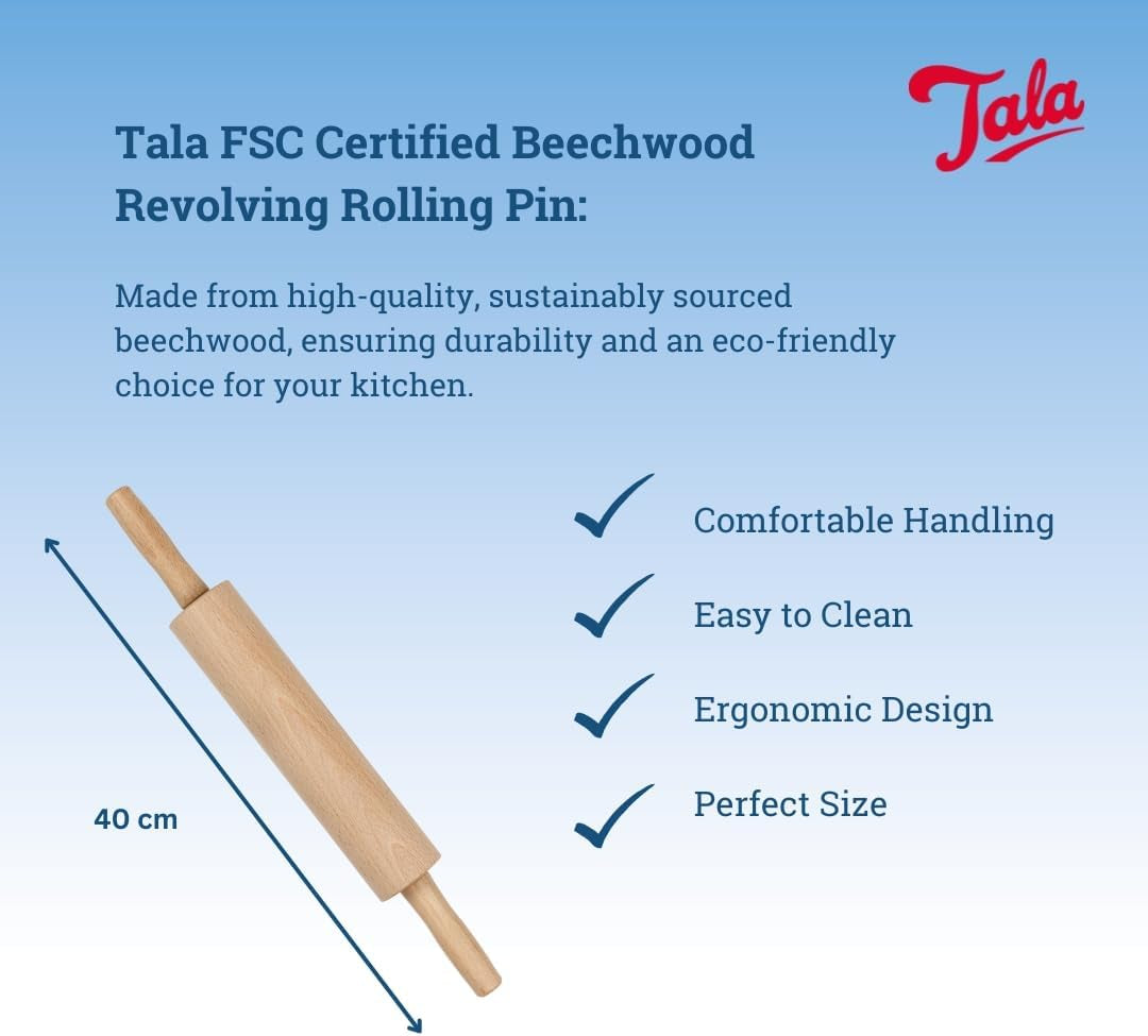 Tala Teigroller aus Buchenholz – Drehbares Nudelholz mit Griffen, glatte Oberfläche, langlebig & leicht zu reinigen – Perfekt für Teig, Gebäck, Brot & Pizza – FSC-zertifiziertes Holz