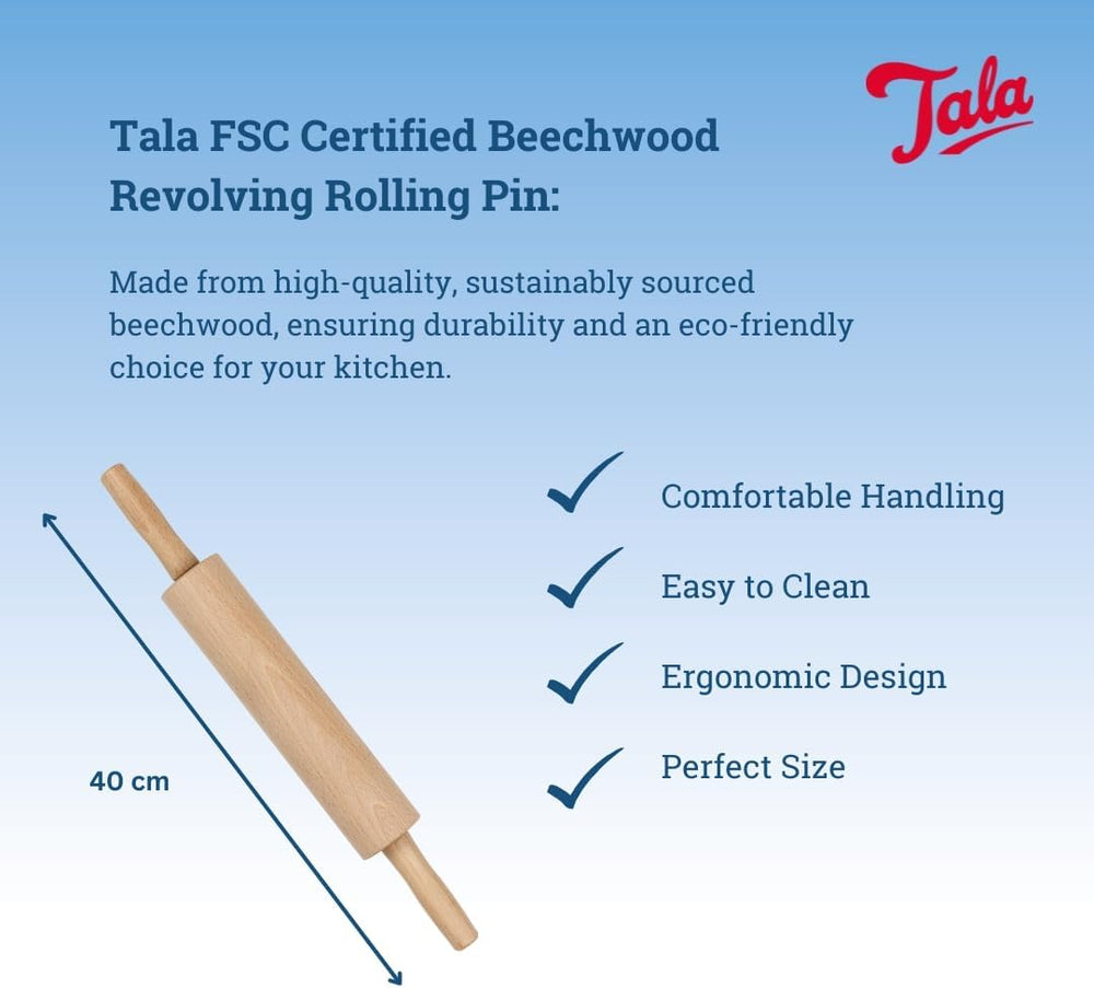 Tala Teigroller aus Buchenholz – Drehbares Nudelholz mit Griffen, glatte Oberfläche, langlebig & leicht zu reinigen – Perfekt für Teig, Gebäck, Brot & Pizza – FSC-zertifiziertes Holz