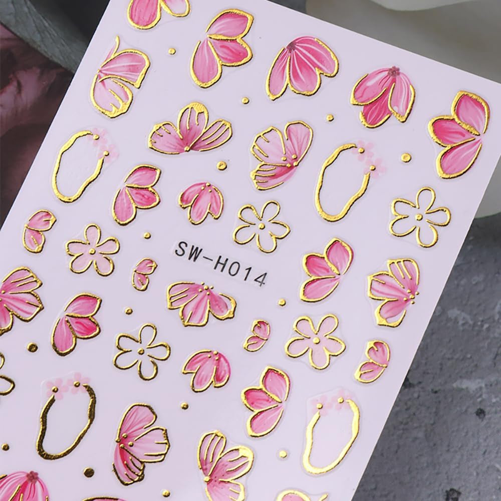Gold Linie Schieber Rosa Nagelsticker Blumen 3D Flower Nail Sticker Sakura Blütenblätter Blumen Nagelaufkleber Frühling Sommer Floral Nagel Sticker Flowers Nagel Stickers Nageldesign Zubehör Nail Art