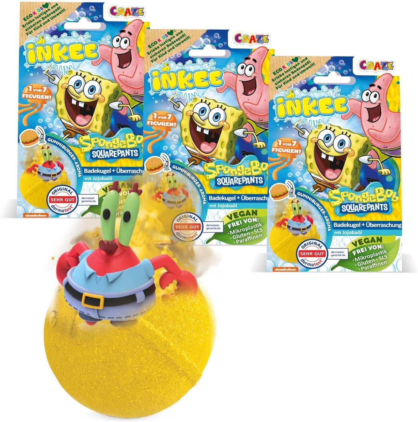 INKEE Spongebob, bomba de baie pentru copii cu surpriză, Spongebob Squarepants de colecționat, 80 grame Naty Shop Set 3 Bombe de baie Spongebob cu surpriză