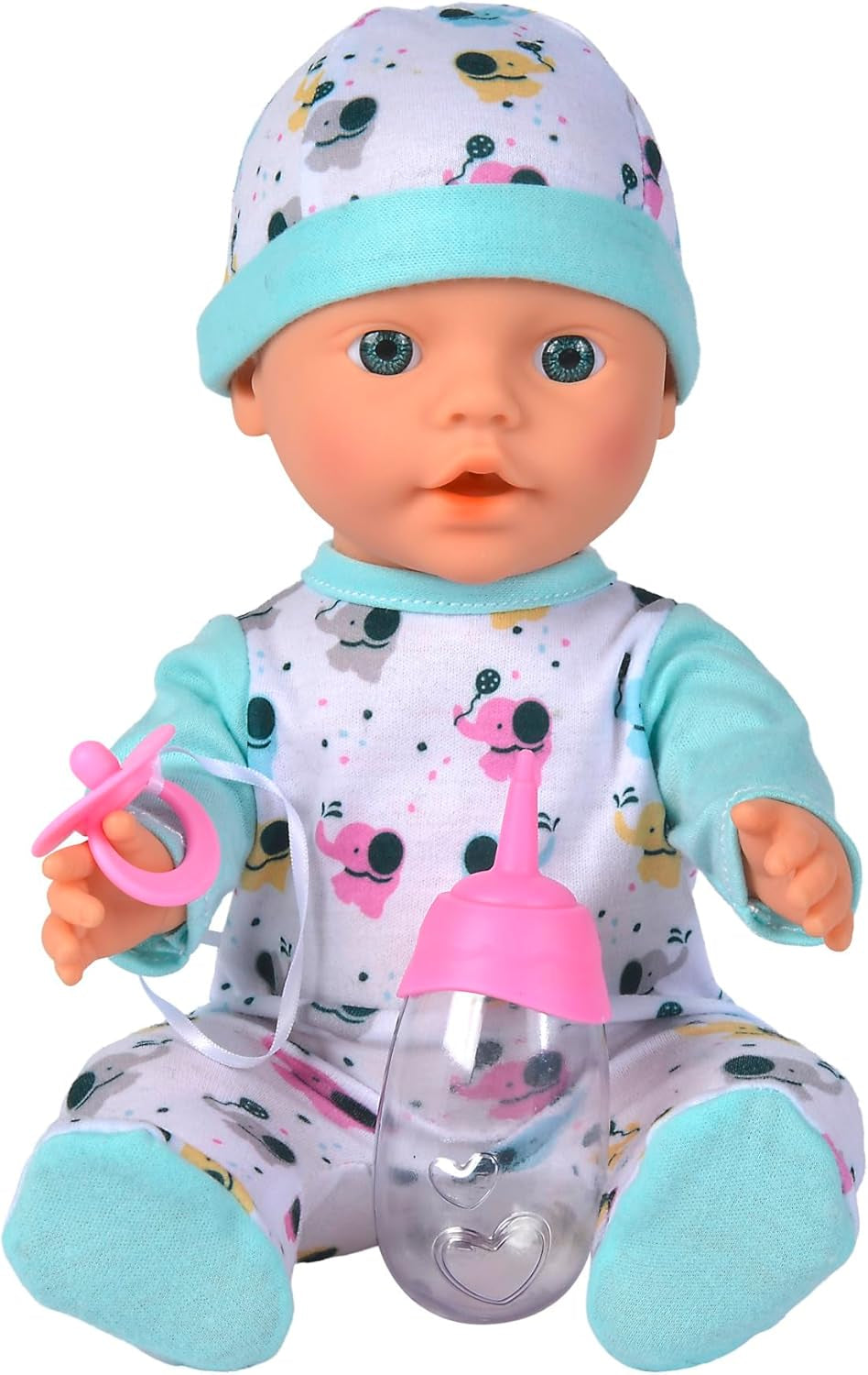 Păpușă nou-născută, elefantuleț, din vinil, cu funcție de băut și udare, biberon și suzetă, 30 cm, de la 2 ani