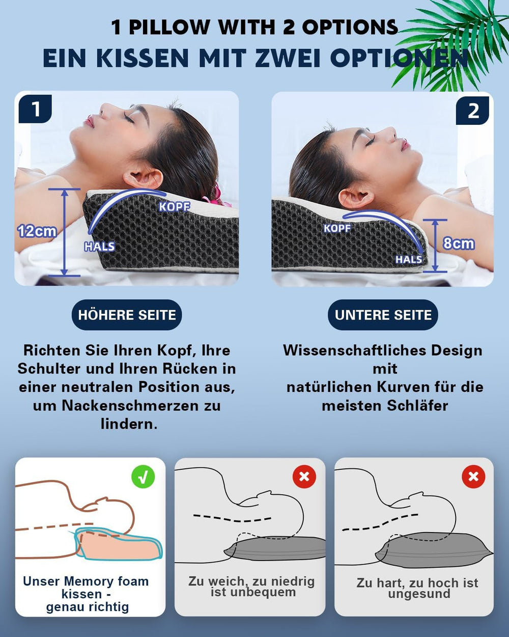 Pernă IDEA, pernă ortopedică ergonomică pentru dureri de gât, pernă din spumă de memorie pentru dormitori laterali, spate și abdominali, pernă anti sforăit pentru bărbați femei (62 * 34,5 * 12/8CM) Perne ortopedice cervicale Naty Shop