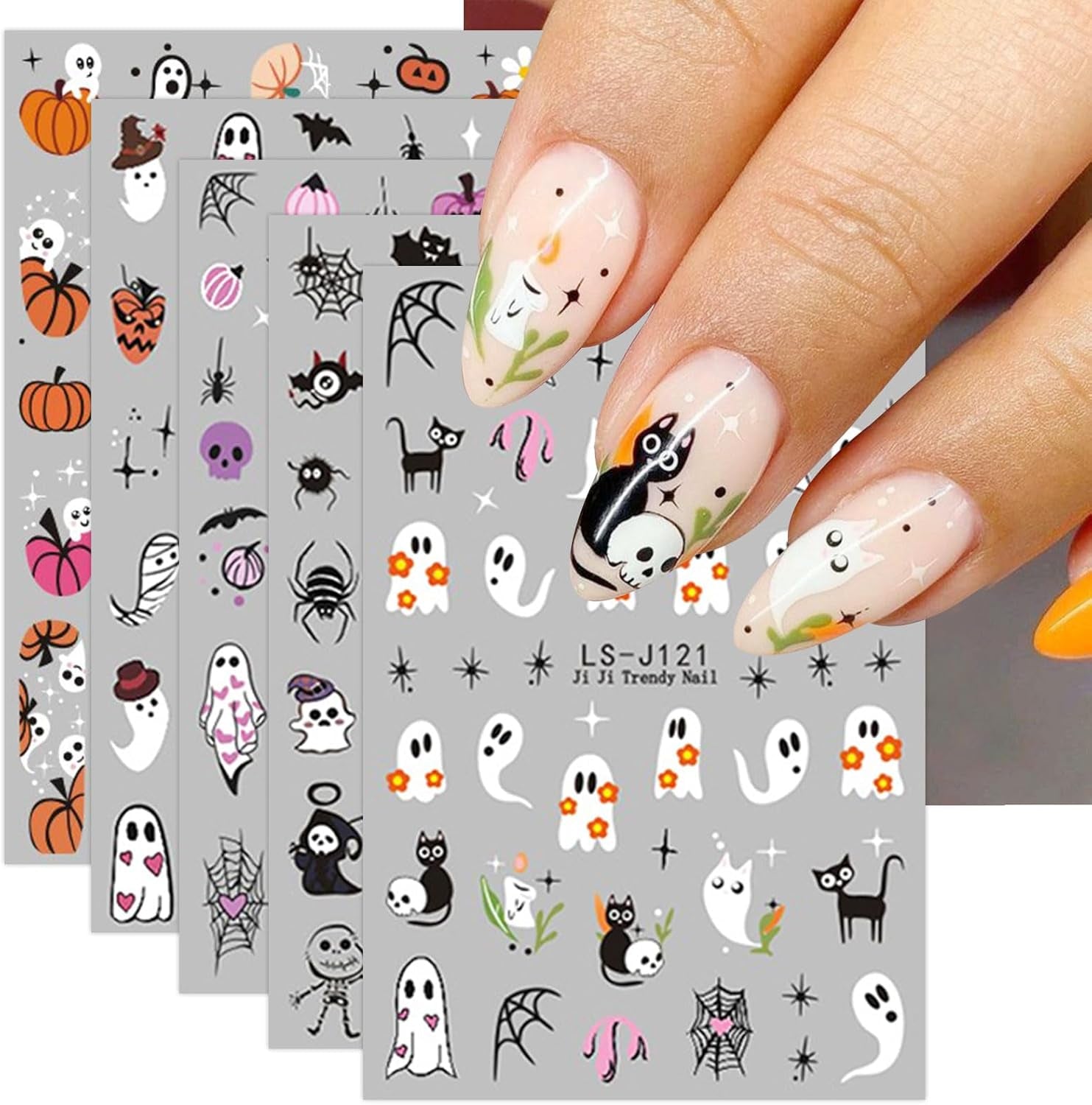 JMEOWIO Nagelsticker Halloween Süßer Geist 9 Blatt Nail Art Sticker Selbstklebend Nagelaufkleber Dekoration Nageldesign Zubehör